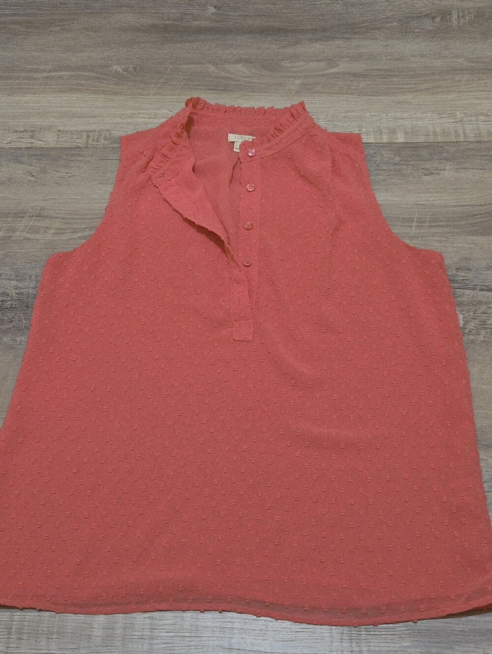 🛍J.Crew Coral Pink Swiss Dot Ruffle Neck Sleeveless Blouse Size 10
